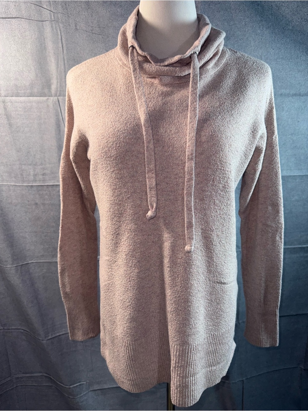 1501-ruby moon Light Beige Cowl Neck Drawstring Sweater